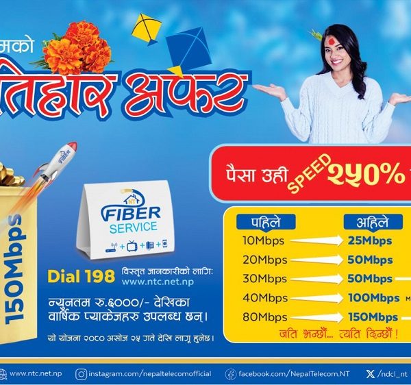 नेपाल टेलिकम चाडपर्व अफर फाइवर इन्टरनेट